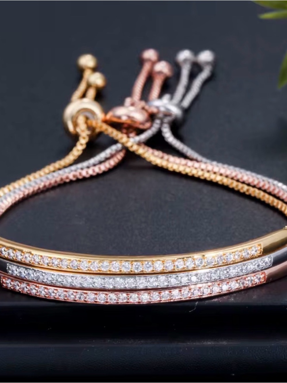Trio CZ Bar Adjustable Bracelet - Gold, Rose Gold & Silver